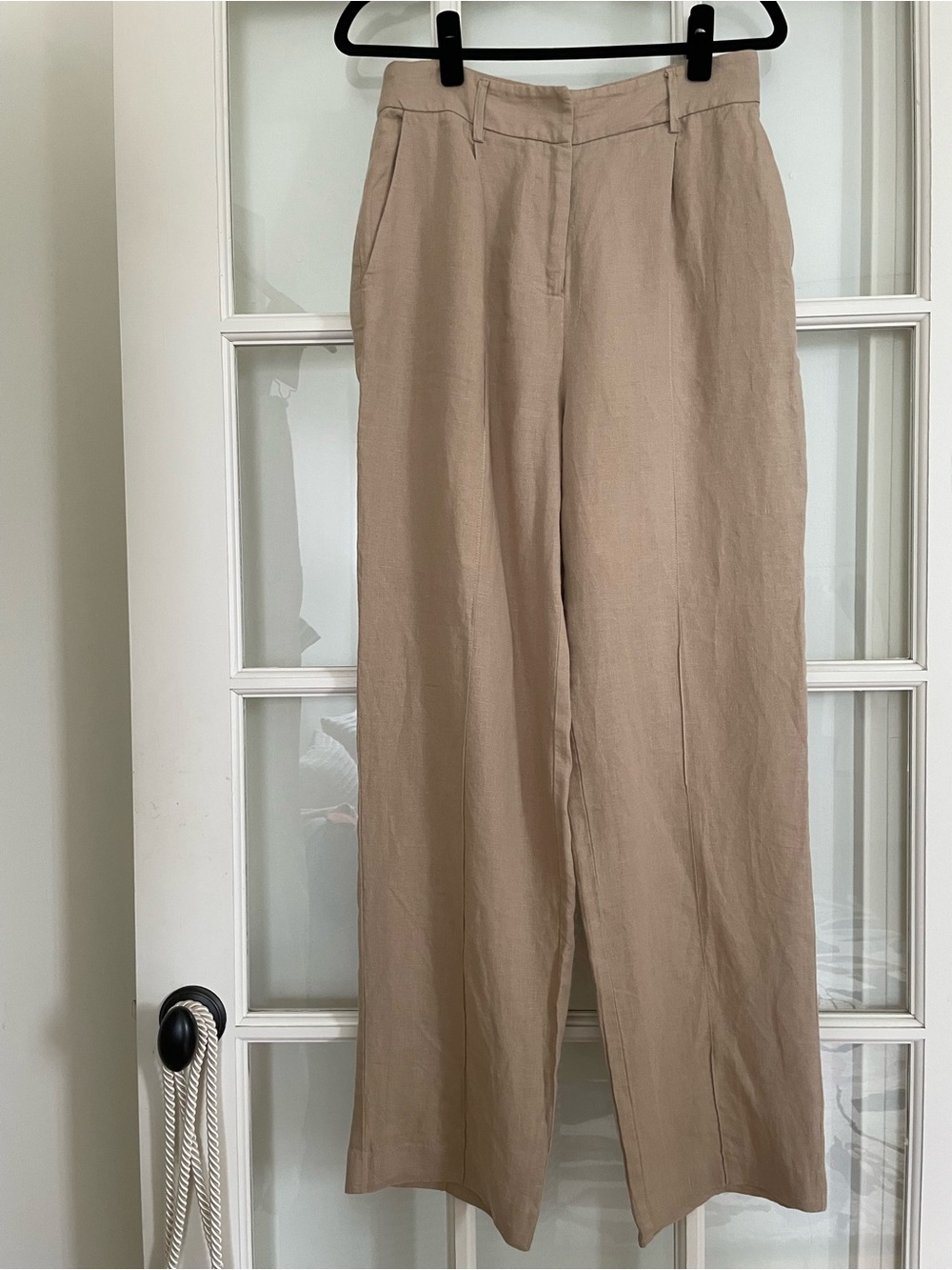 Nili Lotan 100% linen high waist wide leg trousers beige tan women's 8